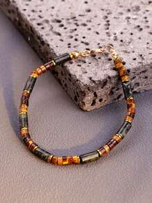 1pc Hip-Hop Unique Fashion Minimalist Versatile Personalized Men's Green & Brown Beaded Bracelet, Suitable For Daily Commute, Holiday Party, Street Style Outfit Matching Men's Jewelry - Multicolor - View 3