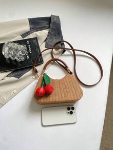 Dedoo 女款手提包兼斜背包，條紋編織圖案，櫻桃吊飾金屬鎖扣，可拆卸肩帶，甜美度假風，夏季海灘派對手提包 - 棕色 - 查看 9