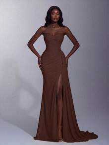 Elegant Heart Neckline Corset Dress, Side Ruched Waist, High Slit, Fitted Mermaid Silhouette Wedding - Brown - View 6