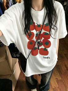 Women's Loose Casual Round Neck Cartoon Tomato Fruit Print Short Sleeve T-Shirt, White, Spring/Summer - White - View 10