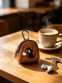 可愛黑色貓咪雛菊蝴蝶印花迷你拉鍊零錢包附登山扣，便攜 PU 皮革耳機收納包，小鑰匙卡片錢包，戶外旅行日常迷你包，適合女性、女孩與青少年的理想節日禮物 - 彩色 - 查看 3