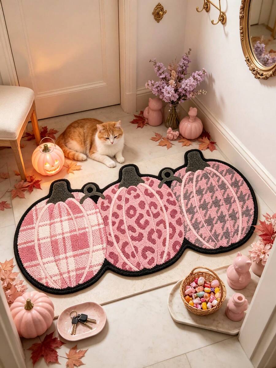 1pc Pink Plaid 3 Pumpkin Lantern Rug, Bedroom Decor, Small Rug, Carpet, Home Decor, Living Room Rug, Living Room Small Rug, Bedroom Rug, Living Room Home Decor, Outdoor Rug, Washable Rug, Halloween Gift - Multicolor - View 1