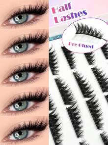 Asiteo 10 Pairs Glue-Free Self-Adhesive Half-Length False Eyelashes, Cat Eye Style Natural Pre-Glued Eyelashes, Fine Fluffy Mink-Like Waterproof Natural Strip Lashes - Black - View 1