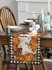 1pc Autumn Table Runner Home Party Decor, Buffalo Plaid Pumpkin Mushroom Birdhouse Leaf Pattern, Seasonal Kitchen Dining Table Decoration - Black and White - View 2