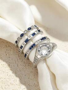 4pcs Chic Bridal Ring Set Women Round Blue Zirconia Engagement Ring Stackable Wedding Silver Color Stacking Ring Wedding Party Jewelry Accessories Gift - Set - View 11