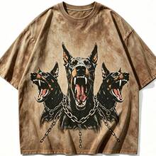 2026 New Arrival Summer Unisex Cerberus Doberman Graphic T-Shirt,Sleeve Tee, Gothic Three-Headed Dog Print Oversized Top For Streetwear - 卡其色 - 查看 9