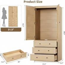 70 Inch Wooden Wardrobe Armoire Bedroom Storage Cabinet Freestanding Closet With Three Drawers Hanging Rod Adjustable Shelves Large Capacity Furniture Natural Oak - Natural - View 11