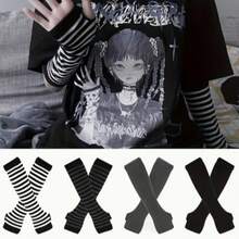 1 Pair Punk Striped Knit Fingerless Gloves, Elastic Sun Protection, Mid-Length Hip-Hop Decorative Gloves For Women And Men, Suitable For Outdoor, Driving, Travel - Multicolor - View 1