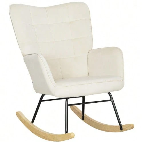 Rocking Chair, Velvet-Look Rocking Chair, Armrests, Rocking Chair With Wooden Feet, Lounge Chair For Living Room, Bedroom, Beige - 米色 - 查看 1