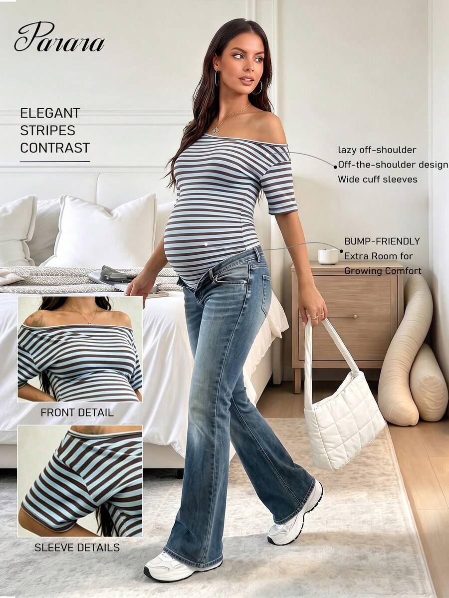Parara Maternity Bodysuit, Asymmetric Neckline, Short Sleeve, High Stretch Fabric, Open Back Design Summer - Blue - View 1