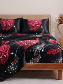 4-Piece Black Rose Heart Pattern Bedding Set, Easy Care Soft Bedding, Floral Fitted Sheet Set (1 Flat Sheet + 1 Fitted Sheet + 2 Pillowcases), Deep Pocket Fits Up To 11.8 Inches, Soft And Breathable, Suitable For Back To School Dorm Bedding - Black - View 4