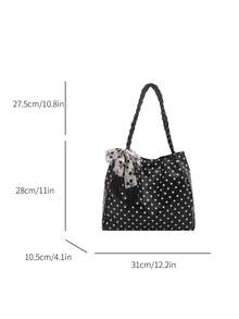 1pc Black Silk Scarf Decor Large Capacity Polka Dot PU Tote Bag Women's Shoulder Bag - Black - View 7
