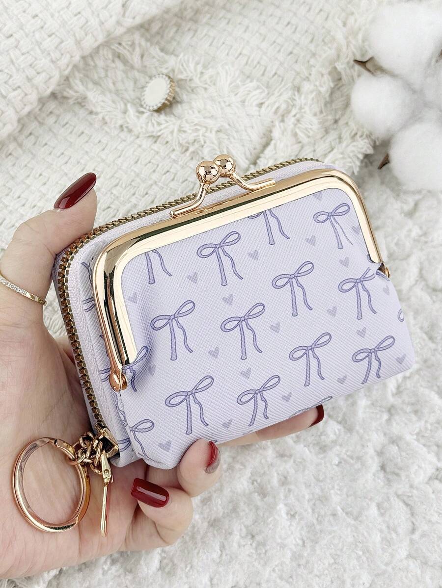 With A Chain Keychain, Fashionable Bow Print Zipper Credit Card Storage Bag With Multiple Compartments, Suitable For Travel