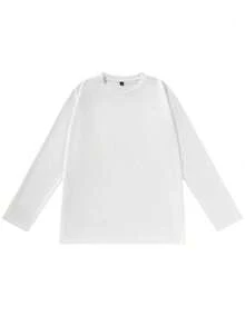 FRACTYR Men's Minimalist Solid Color Crew Neck Long Sleeve Top, Loose Streetwear Basic Long Sleeve T-Shirt - White - View 4