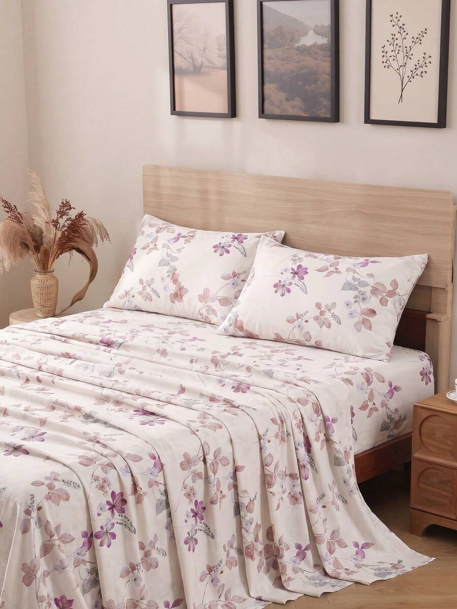 4件組現代花卉圖案床上用品套裝,易打理柔軟床單,花卉床單套組(1件平鋪床單 + 1件床墊套 + 2件枕套),深口袋可達11.8英吋,柔軟透氣,返校宿舍床上用品套裝 - 彩色 - 查看 1