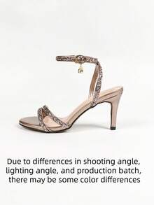 Women's Champagne Color Glitter Ankle Strap High Heel Sandals, Summer, Open Toe, Simple Design Valentines,Stiletto Heels - Champagne - View 9