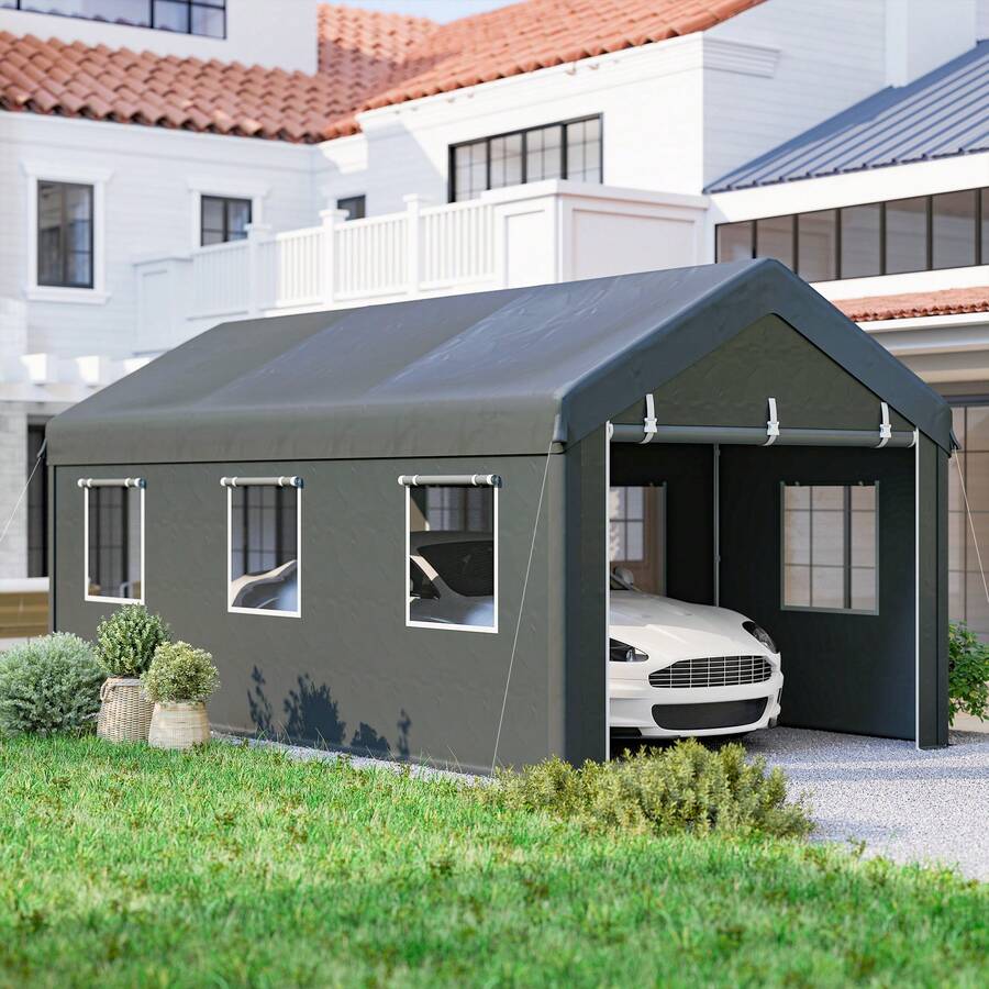 Outsunny 10' X 20' Carport Portable Garage, Heavy Duty Car Port Canopy With 2 Roll-Up Doors & 6 Ventilated Windows For Car, Truck, Boat, Garden Tools, Dark Grey - A - 查看 1