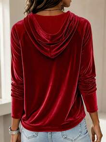 Women's Plus Size Burgundy Velvet Hooded Pullover, With Drawstring And Ribbed Knit Details, Autumn Casual Outfit Red - Red - View 2
