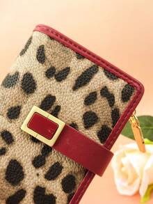 Women's Short Colorblock Patchwork Wallet, Fashionable Leopard & Tree Pattern Multifunctional ID Holder, Exquisite Fashion Snap Closure Large Capacity Zipper Card Holder Coin Purse, Lightweight & Convenient For Young Students, Suitable As Holiday Gift - Red - View 4