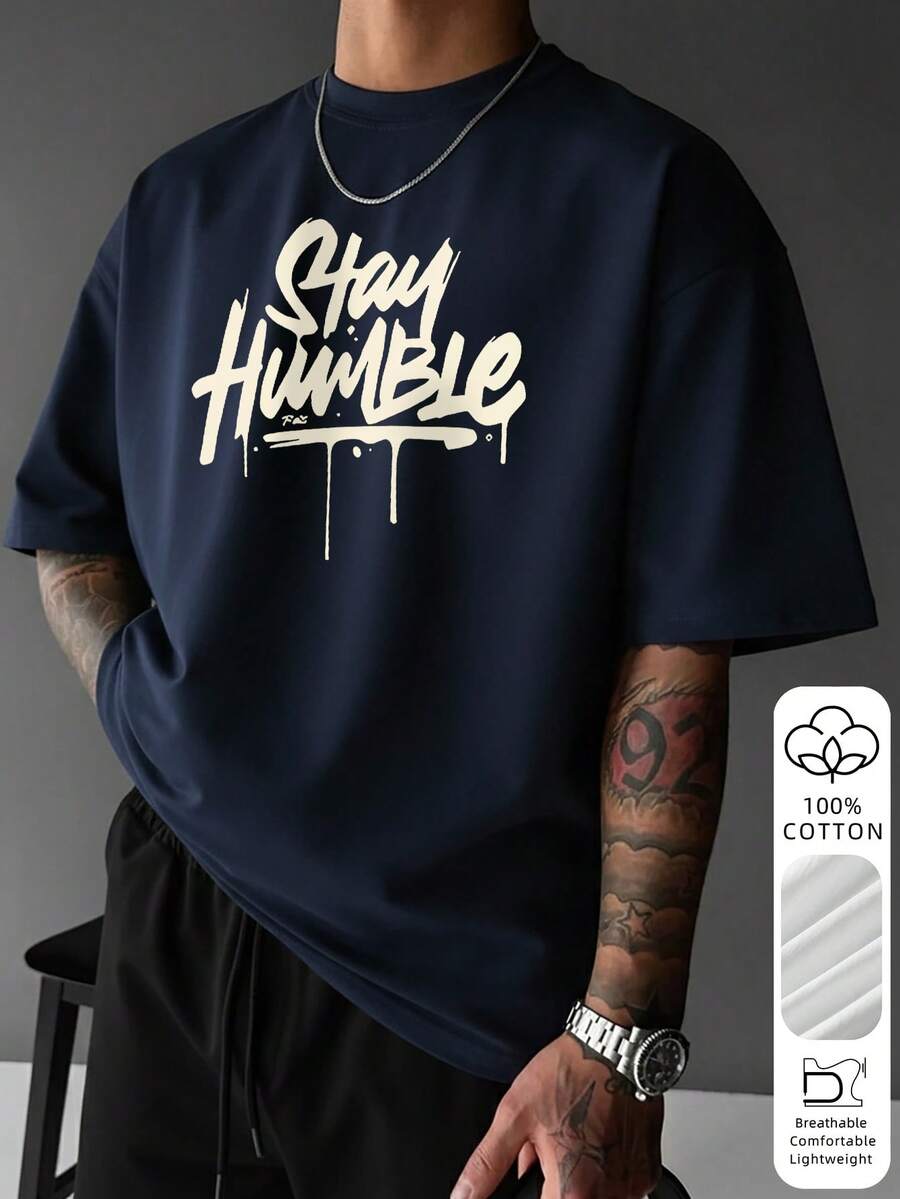 American Street Style Dripping Ink Stay Humble Letter 100% Pure Cotton Loose Short Sleeve Men's Summer Versatile T-Shirt - Navy Blue - View 1