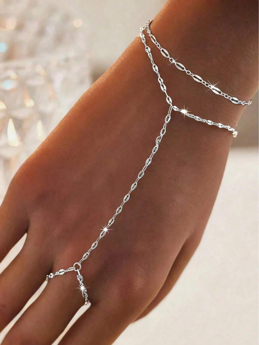 精緻閃亮鏈條手指手鍊，新娘婚禮飾品 - 銀色 - 查看 1