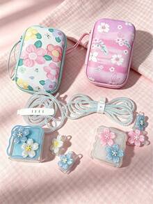 6pcs Sakura Floral Digital Storage Set | EVA Hard Shell Anti-Pressure Earphone & Data Cable Storage Bag, Cute Charger Case + Full Data Cable Protective Set, Suitable For Commuting & Travel - Multicolor - View 4