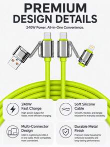 4-In-1 Multi-Function Charging Cable, USB-A/USB-C Input To USB-C/Lightning Output, Up To 240W USB-C To USB-C Fast Charging, Soft Silicone Charging Cable With Metal Connectors, Suitable For Phones, Tablets And Laptops - Green - View 5