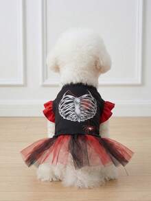 LUCKIE PAL 1pc Halloween Skeleton Print Pet Mesh Dress With Flutter Sleeves And Ruffle Trim, Cute Ballet Style Fairy Tutu Dress For Cats And Dogs - Multicolor - View 2