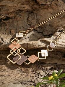 Cring Coco 2pcs/Set Fashion Boho Enamel Geometric Jewelry Set For Woman Accessories Golden Necklace And Earrings Sets Daily Party Vacation Birthday Gift - Geometry - View 6