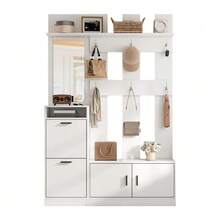 Appendiabiti per ingresso, con scarpiera, specchio e ganci, armadio a muro, scarpiera multifunzionale, per corridoio/ingresso, bianco, 120x30x180 cm - Bianco - Visualizzare 1