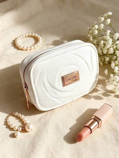 High-End Lancôme Ivory Quilted Embossed Floral Hard Shell Cosmetic Bag, Multi-Pocket Lining, Shock-Proof Handheld Toiletry Storage Bag LANCOME-GIFT-17
