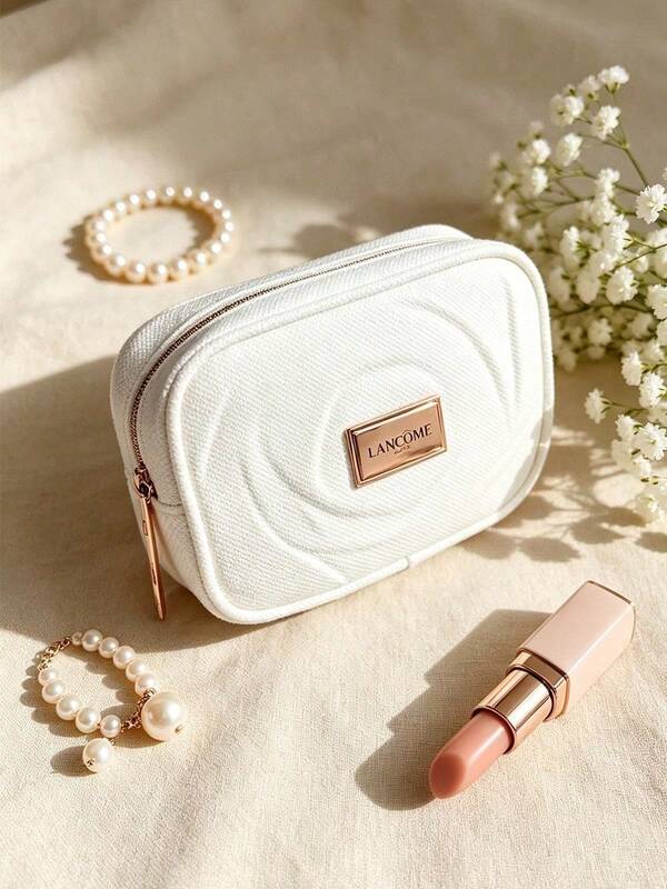 High-End Lancôme Ivory Quilted Embossed Floral Hard Shell Cosmetic Bag, Multi-Pocket Lining, Shock-Proof Handheld Toiletry Storage Bag LANCOME-GIFT-17