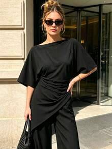 Asymmetric Tops For Women Ruched Black Short Sleeve Top Summer Ruffle Tops For Women Chic Casual Streetwear Tank Top - Black - View 2