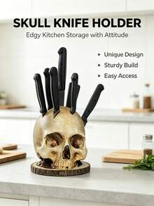 1pc Resin Skull Knife Holder Statue, Head Knife Storage Rack, Horror Style Desktop Decor Organizer, Suitable For Kitchen Utensils, Halloween Home Desktop Ornament - View 3