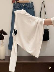 Korean Style Relaxed Fit Colorblock Backless T-Shirt Women Loose Asymmetric Shoulder Long Sleeve Early Autumn Niche Design Slimming Top Casual - White - View 4