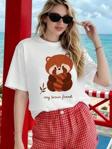 Cute Red Panda Graphic Tee, Spring, Crew Neck, Relaxed Fit, Hip-Hop Street Style, Comfortable Fit, Unique Graphic Print - White - View 1