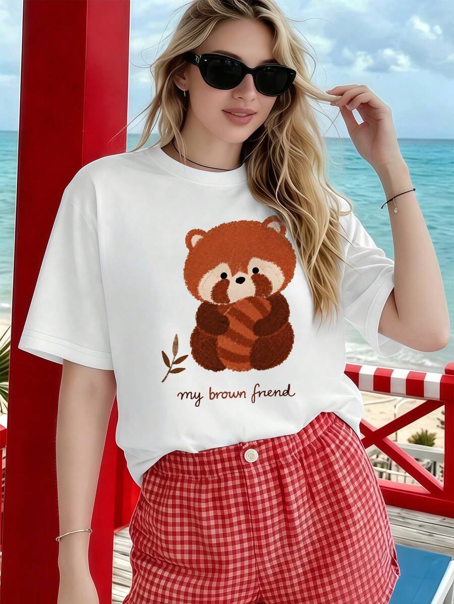 Cute Red Panda Graphic Tee, Spring, Crew Neck, Relaxed Fit, Hip-Hop Street Style, Comfortable Fit, Unique Graphic Print - White - View 1