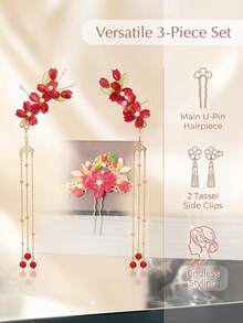 3PCS Floral Print Bohemian Zinc Alloy Vintage Trim Hair Clips Hanfu Bridal Headpiece Set With Pearl Tassels, Simple Versatile Festive Flower - Multicolor - View 5