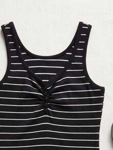 Pure Cotton Ribbed Tank Top, Knitted With Buttons - 黑色條紋2 - 查看 3
