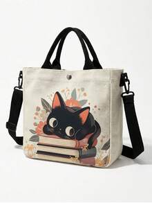 2pcs Cat Print Canvas Tote Bag, Snap Closure, Detachable Crossbody Shoulder Strap, Large Capacity Multi-Purpose Shoulder Bag, Suitable For Daily, Travel And School Use - Multicolor - View 5