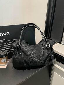 Relaxed Leopard Print Tote Bag For Women, New Minimalist Underarm Shoulder Handbag - Black - View 11