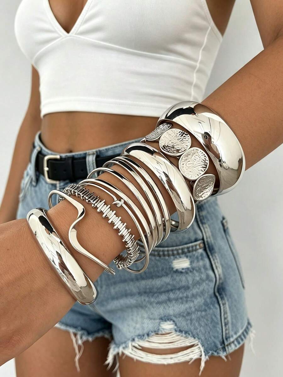 11/6/5/1pc Set Vintage Fashion Glamorous Wavy Knot Round Patchwork Silver Bracelet Suitable For Women's Daily, Party And Vacation Wear, Gift - Silver - View 1
