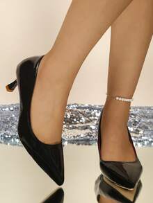  Ladies Fashion Pointed Toe Block Heel Shoes Metal Square Ornament Slip On Daily Work Party Pumps - Black - View 6