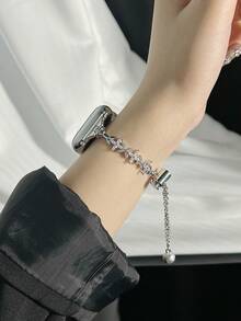 1pc Women's Butterfly Rhinestone Steel Watch Band, Adjustable With Extension Chain, Diamond Pendant Decoration, Compatible With Apple Watch All Sizes S10-SE Ultra, Jewelry Style Bracelet Band - Silver - View 5