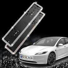 1pc Shiny Crystal Rhinestone European Style License Plate Frame, Stainless Steel Rust-Proof License Plate Holder, Suitable For Tesla SUV Car Truck, Universal Russian Standard Size, Luxury Women's Car Accessory, Holiday And New Car Gift - Multicolor - View 2