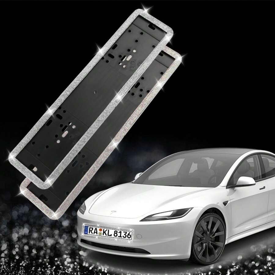 1pc Shiny Crystal Rhinestone European Style License Plate Frame, Stainless Steel Rust-Proof License Plate Holder, Suitable For Tesla SUV Car Truck, Universal Russian Standard Size, Luxury Women's Car Accessory, Holiday And New Car Gift