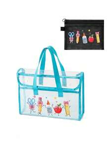This Set Includes A Transparent PVC Folder Storage Box And A Black Small Mesh Bag. This Large Capacity Multi-Layer Waterproof Work Bag Is Designed To Be Lightweight And Features Cartoon Patterns, Capable Of Storing Tablets, A4 Paper, Books And Office Supplies. The Durable And Portable Folder Allows For Easy Viewing Of Internal Items, Making It An Ideal Choice For Organizing Study Materials. This Multi-Functional Portable Stationery Bag Is A Great Gift For Students, Teachers, Friends And Family, And Is A Practical And Stylish Choice For Graduation Or Back-To-School Season. - Multicolor - View 14
