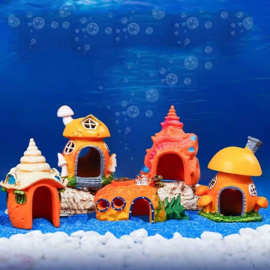 5 buah Dekorasi Akuarium Rumah Resin Kartun Lucu, Gua Persembunyian Rumah Cangkang Jamur Acak, Ornamen Lanskap Akuarium Ikan, Aksesori Lanskap Air Tempat Berlindung untuk Pembiakan Ikan Betta dan Udang - Akuarium Bahagia - View 1