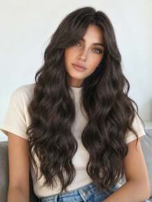 Women's 26 Inch Long Wavy Curly Wig With Curtain Bangs, Natural Dark Brown Synthetic Fiber Hair, Suitable For Daily Wear, Beginner Friendly, Heat Resistant Fashionable Style, Glue-Free Ready To Wear - Multicolor - View 12