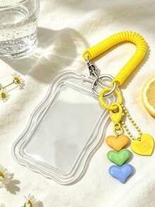 Transparent Wavy Card Holder With Portable Spring Rope Design, Heart Pendant Design, Durable Fashion Accessory, Suitable For Women, Cute And Practical Plastic Keychain, Campus Essential, Fashion Keychain, Cute Heart Pendant, Suitable For ID Card, Credit Card, Bus Card And Keys - Multicolor - View 9